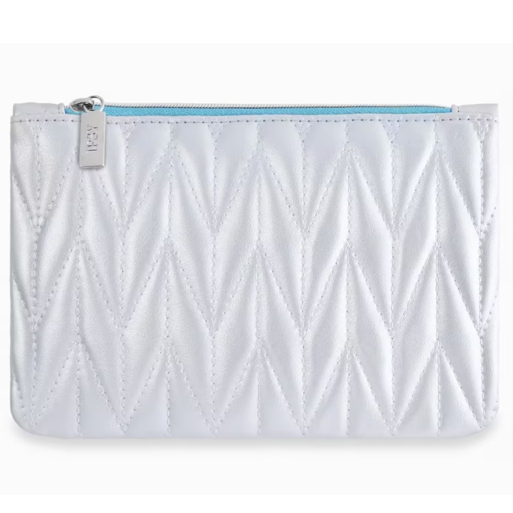 Ipsy silver puckered makeup bag with light blue lining around zipper